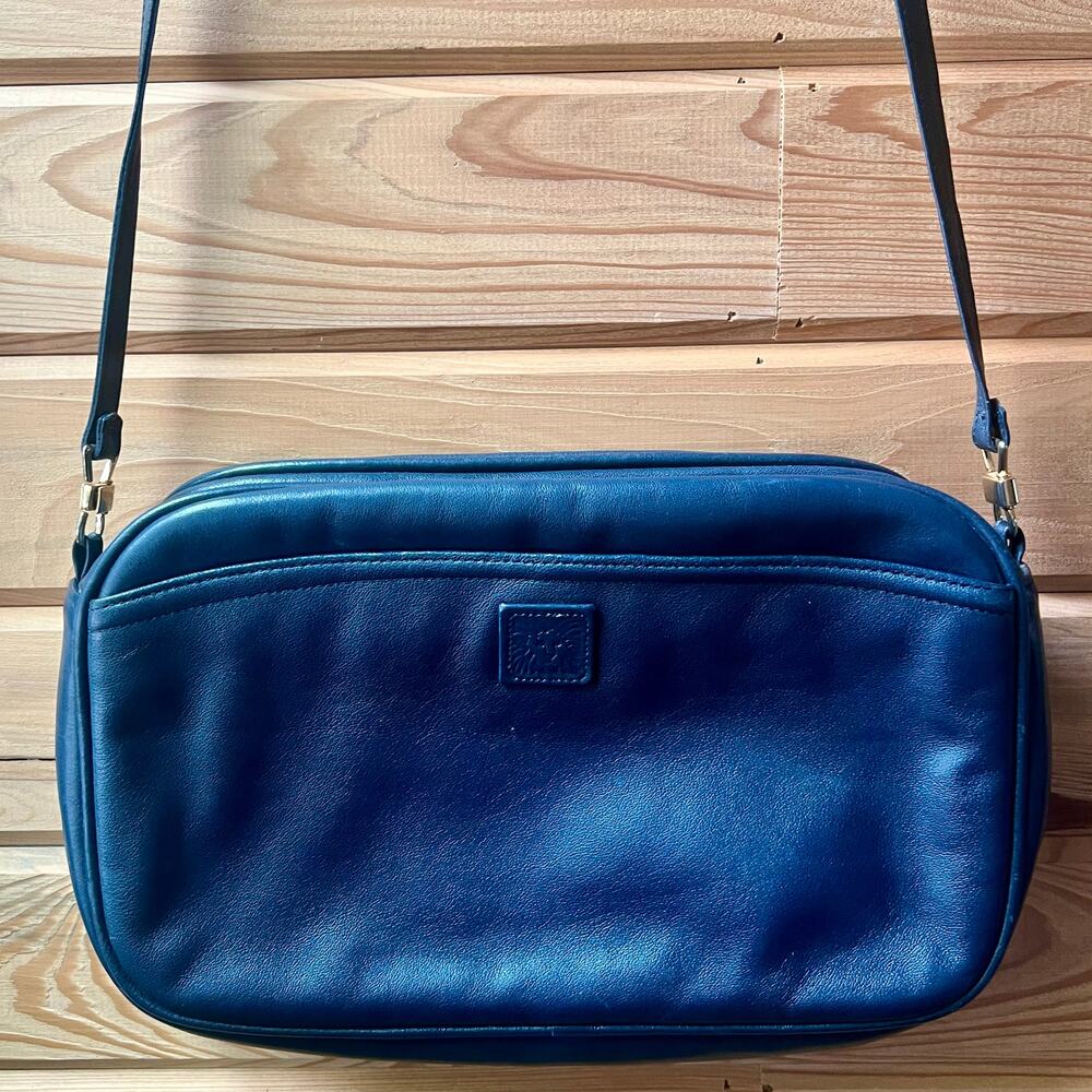 Vintage Anne Klein Leather Crossbody Bag Navy Blue 80s Gold Hardware Small Purse - Picture 15 of 16